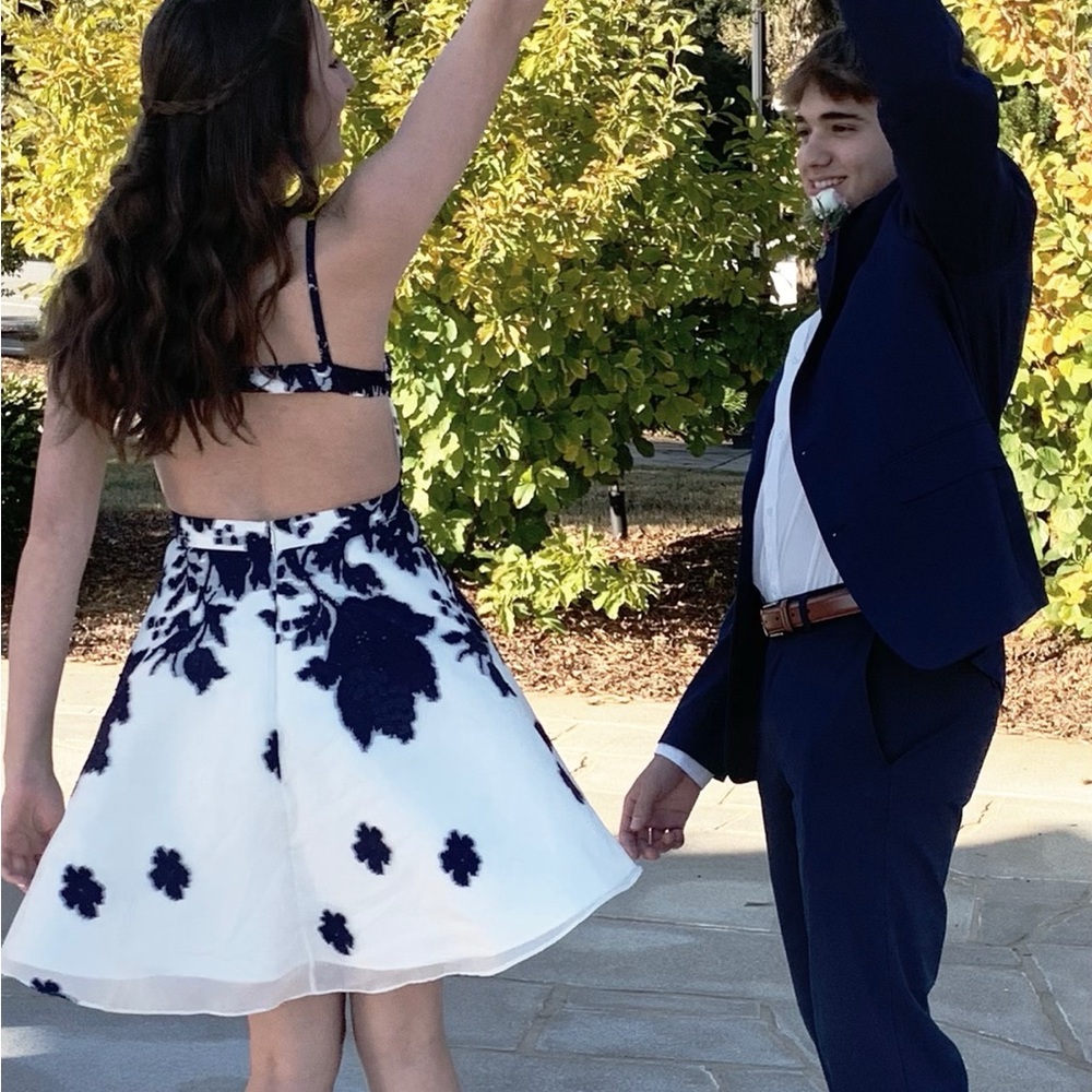 Jovani Floral Navy and White Homecoming Dress